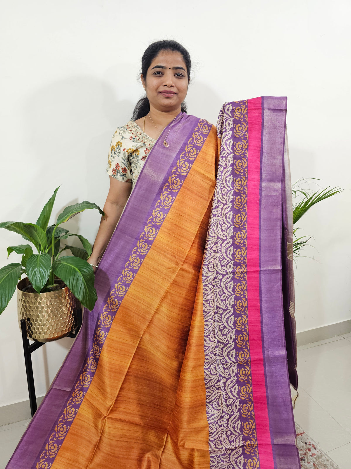 Semi Ghicha Digital Printed Saree - Brown with Purple