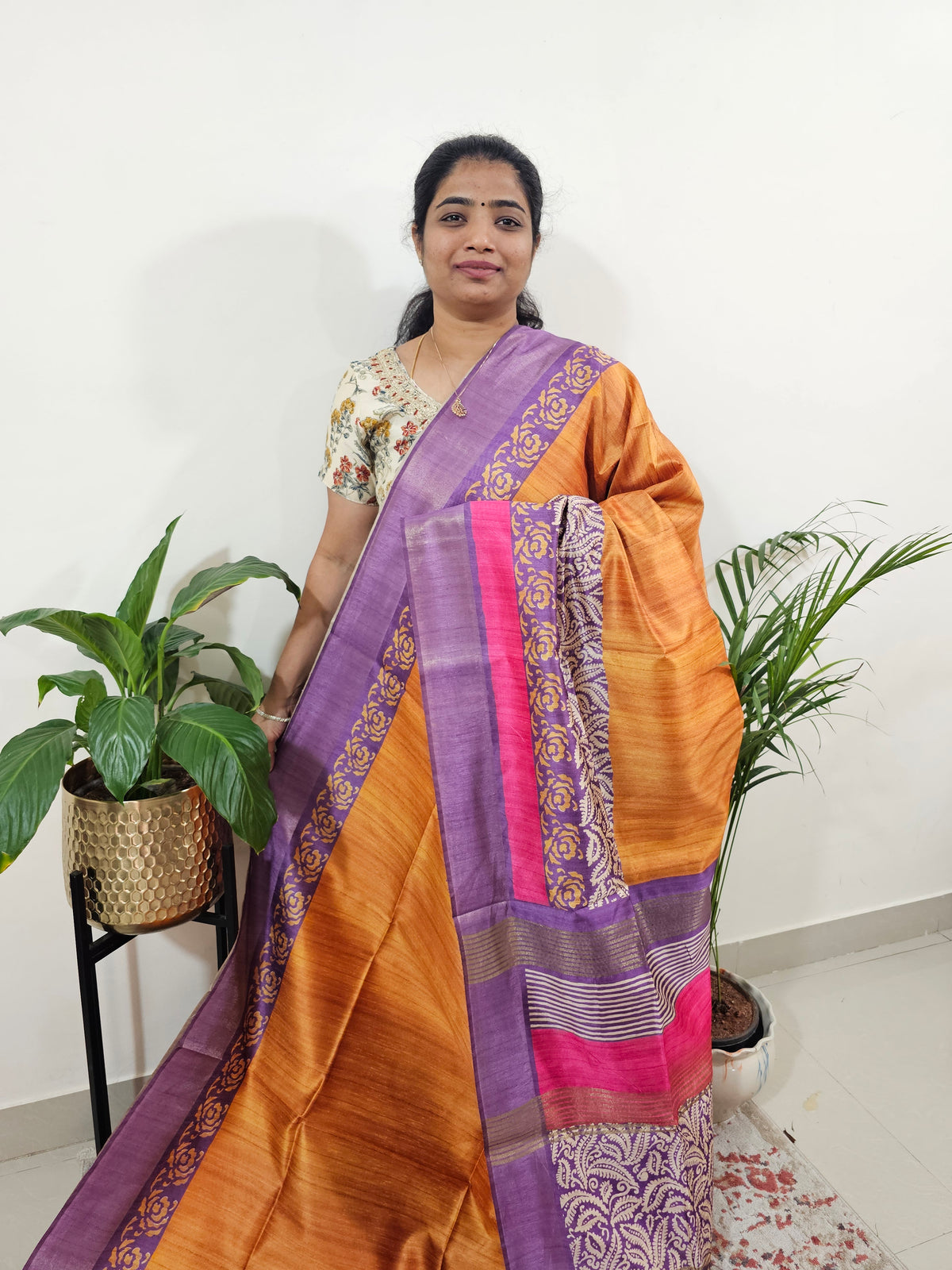 Semi Ghicha Digital Printed Saree - Brown with Purple