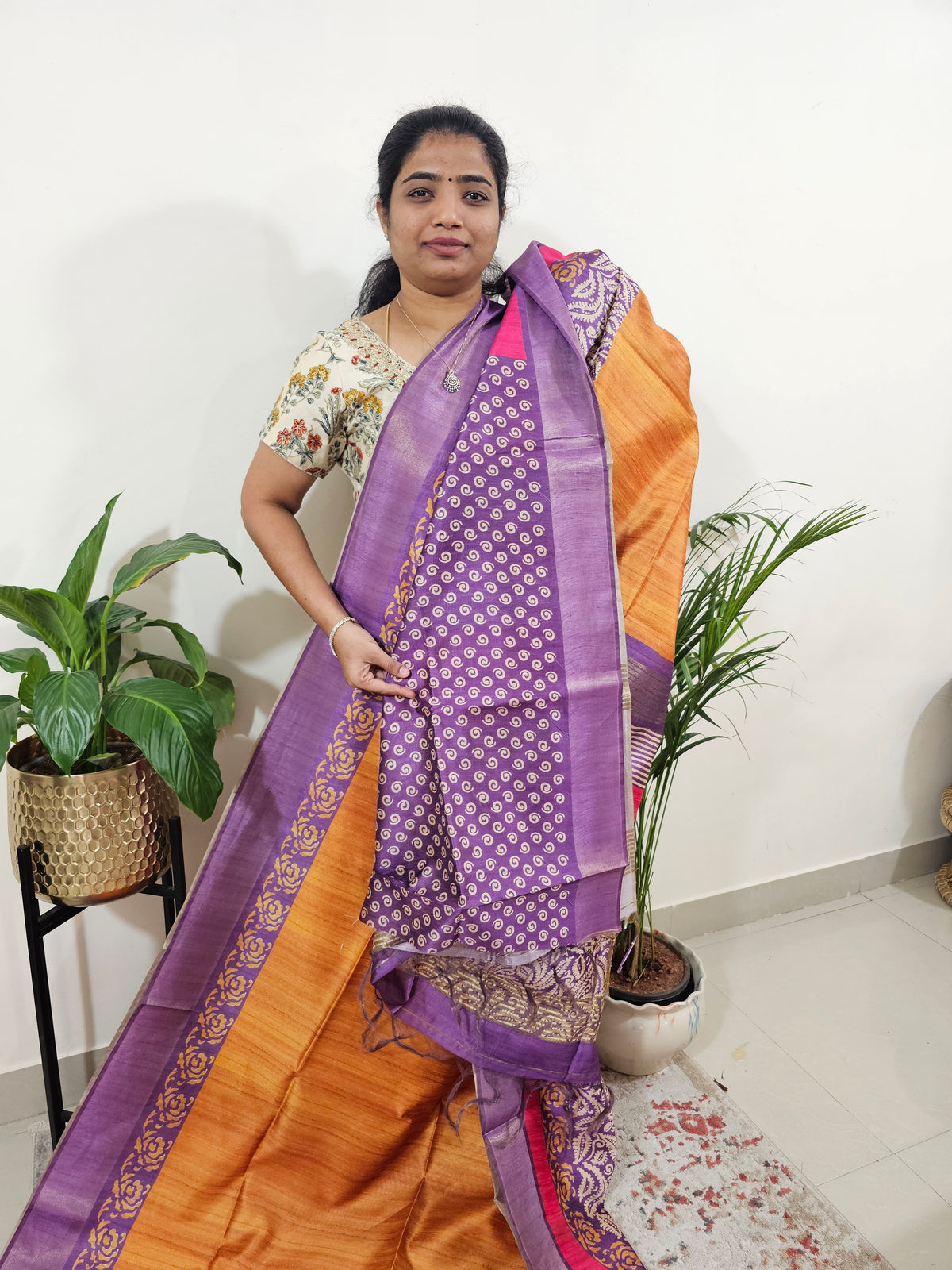 Semi Ghicha Digital Printed Saree - Brown with Purple