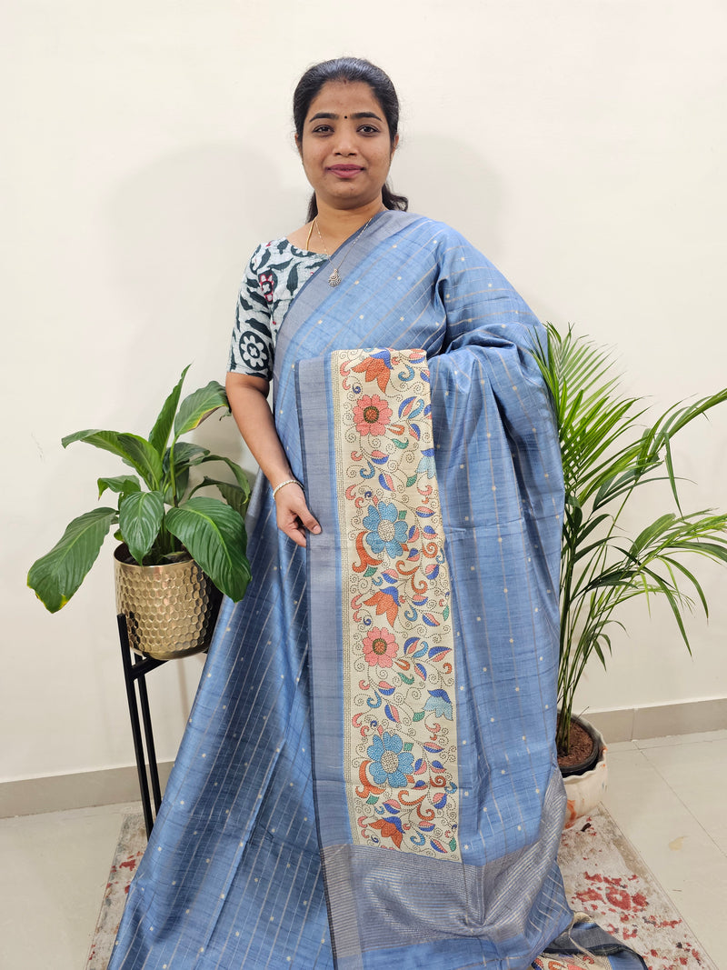 Soft Semi Tussar Weaving with Floral Border - Ink Blue