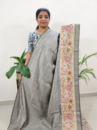 Soft Semi Tussar Weaving with Floral Border - Grey