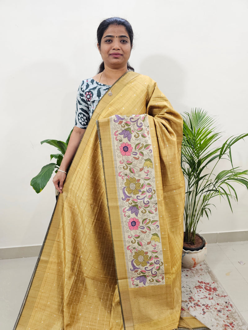 Soft Semi Tussar Weaving with Floral Border - Dual Shade Yellow Blend Green