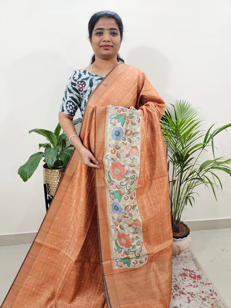 Soft Semi Tussar Weaving with Floral Border - Brown