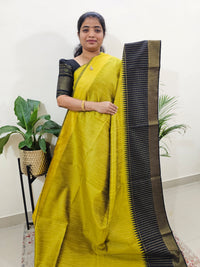 Korvai Weaving Semi Raw Silk Saree - Mehndi Green with Black