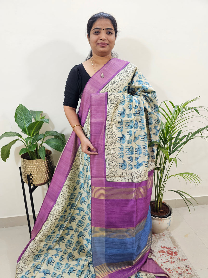 Semi Ghicha Elephant Printed Saree - Blue with Purple
