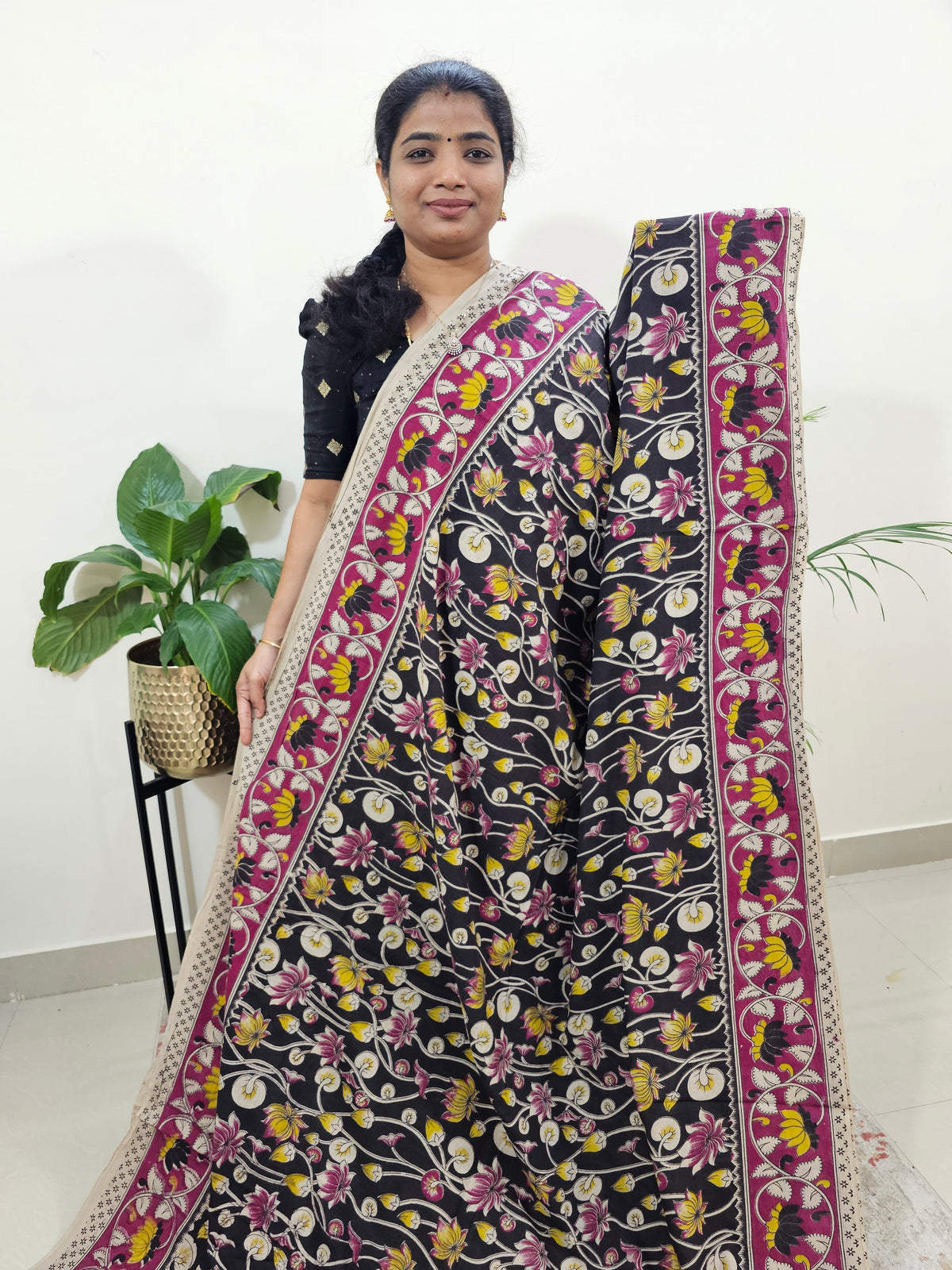 Cotton Kalamkari Saree - Black with Pink