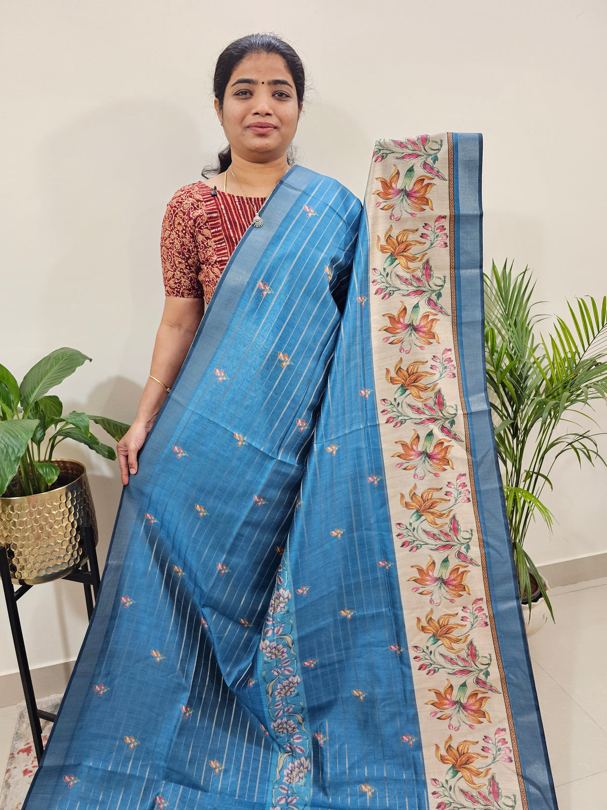 Soft Semi Tussar Weaving with Floral Border - Dark Peacock Blue