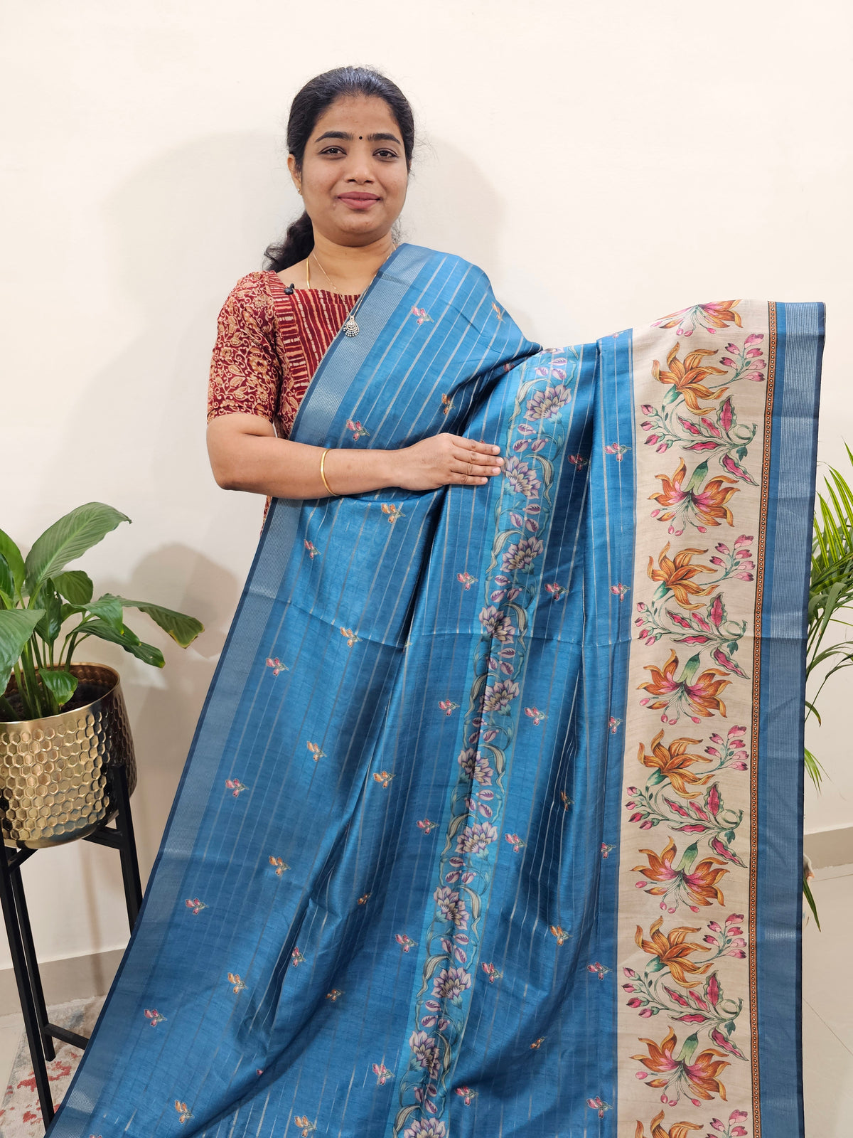 Soft Semi Tussar Weaving with Floral Border - Dark Peacock Blue