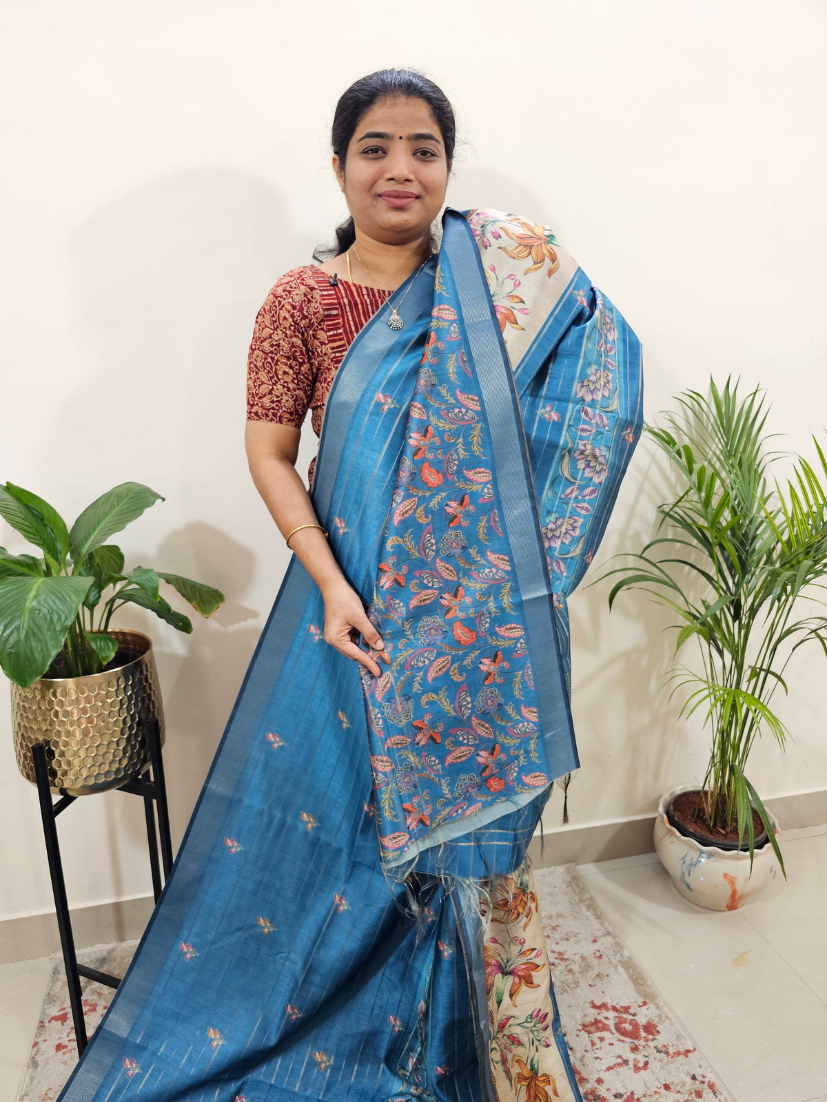 Soft Semi Tussar Weaving with Floral Border - Dark Peacock Blue