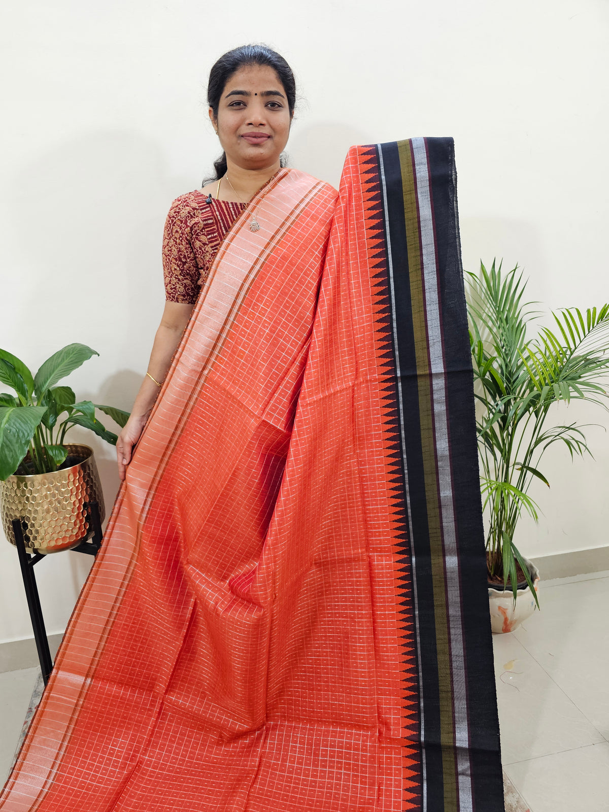 Korvai Weaving Semi Raw Silk Saree - Orange with Black