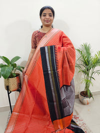 Korvai Weaving Semi Raw Silk Saree - Orange with Black
