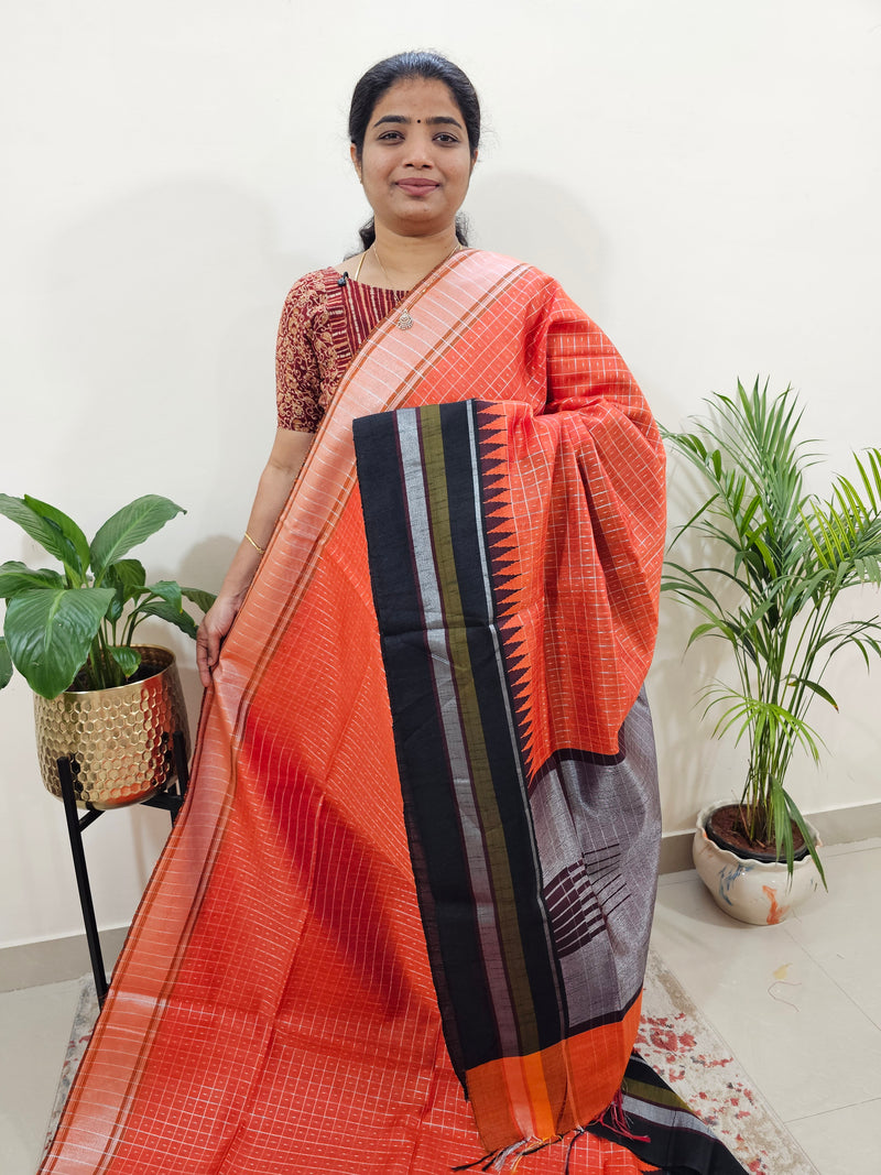 Korvai Weaving Semi Raw Silk Saree - Orange with Black