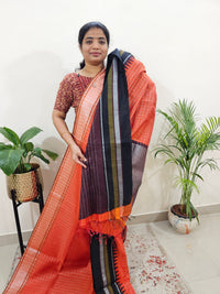 Korvai Weaving Semi Raw Silk Saree - Orange with Black