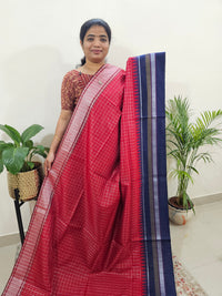 Korvai Weaving Semi Raw Silk Saree - Red with Blue