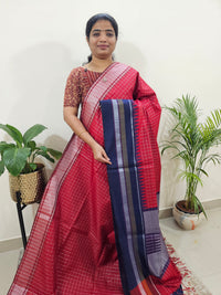 Korvai Weaving Semi Raw Silk Saree - Red with Blue