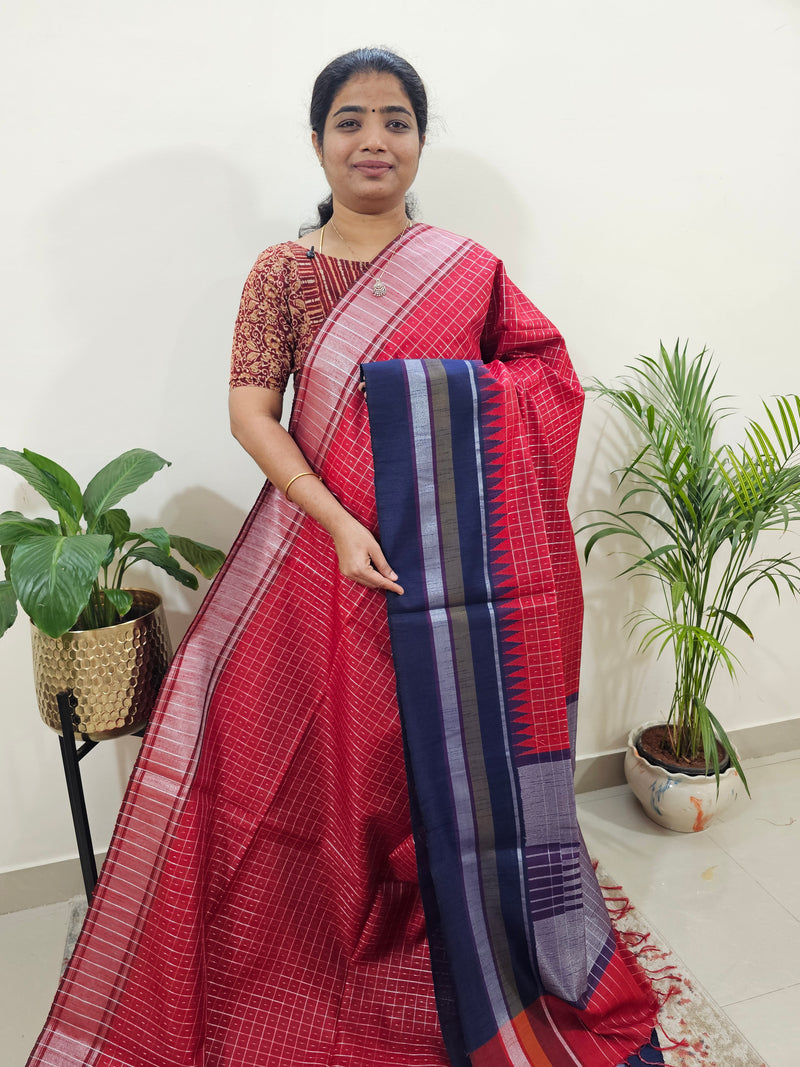 Korvai Weaving Semi Raw Silk Saree - Red with Blue