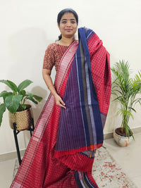 Korvai Weaving Semi Raw Silk Saree - Red with Blue