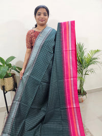 Korvai Weaving Semi Raw Silk Saree - Green with Pink