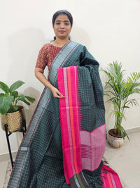 Korvai Weaving Semi Raw Silk Saree - Green with Pink