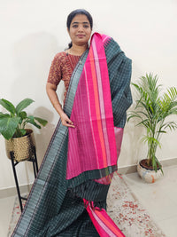Korvai Weaving Semi Raw Silk Saree - Green with Pink