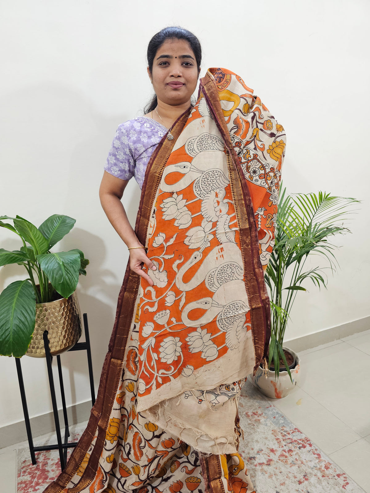 Chennuri Silk Annam & Lotus Pattern - Orange and Yellow