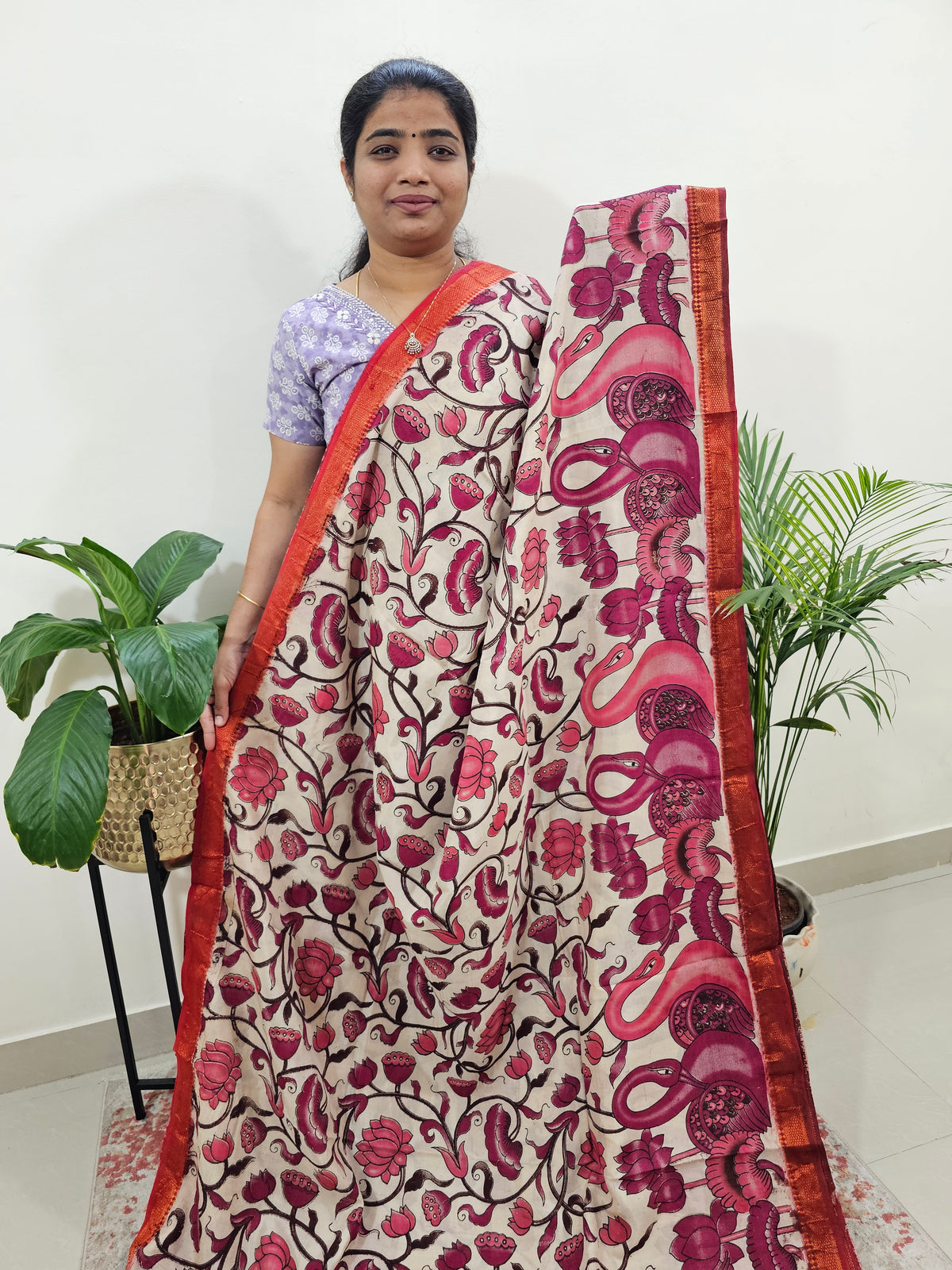 Chennuri Silk Annam & Lotus Pattern - Pink with Red