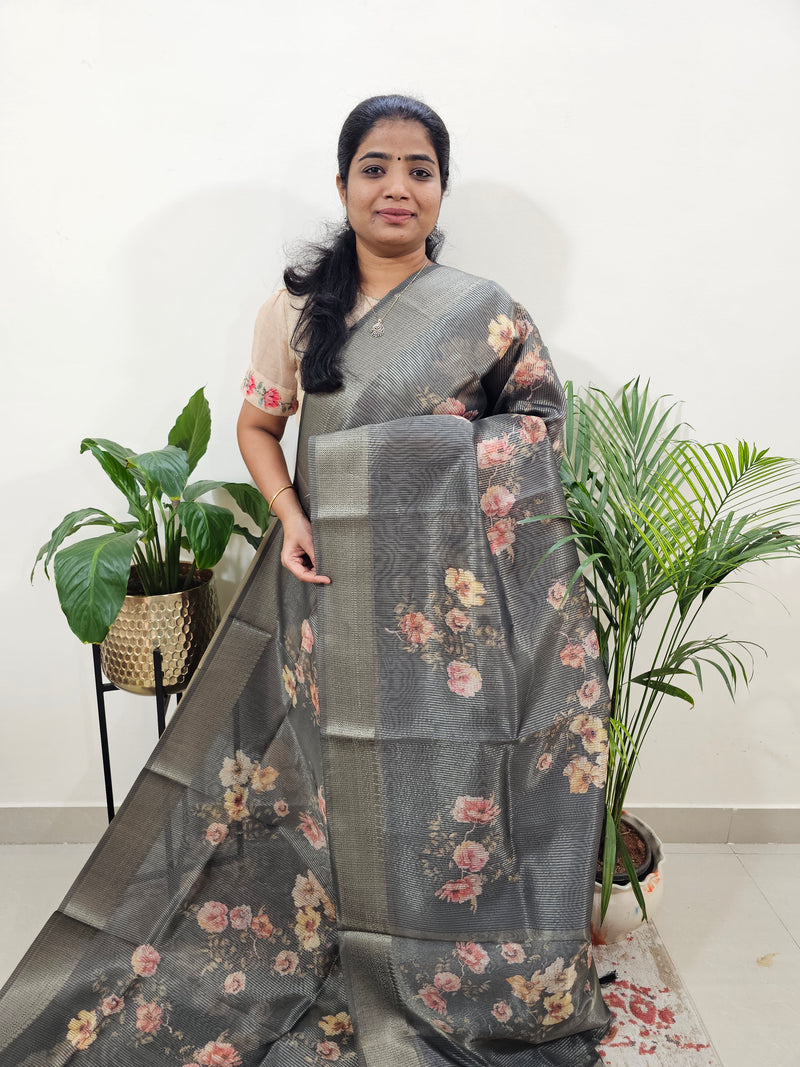 Semi Tussar with Striped Zari Weaving Saree - Grey