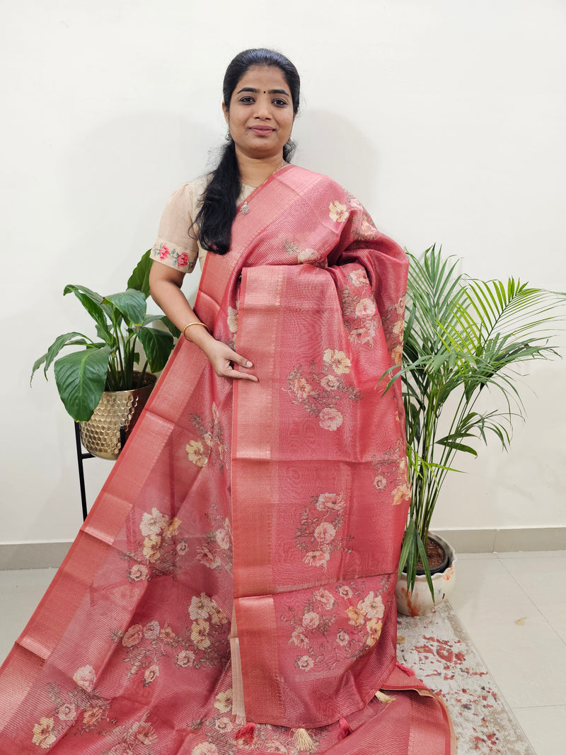 Semi Tussar with Striped Zari Weaving Saree - Dark Peach