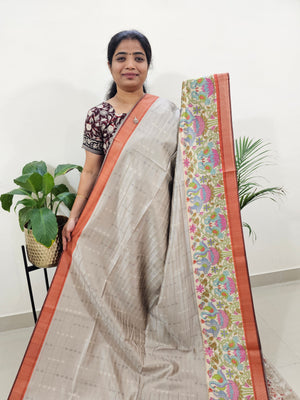 Soft Semi Tussar Weaving with Kalamkari Border -  Grey with Honey Brown