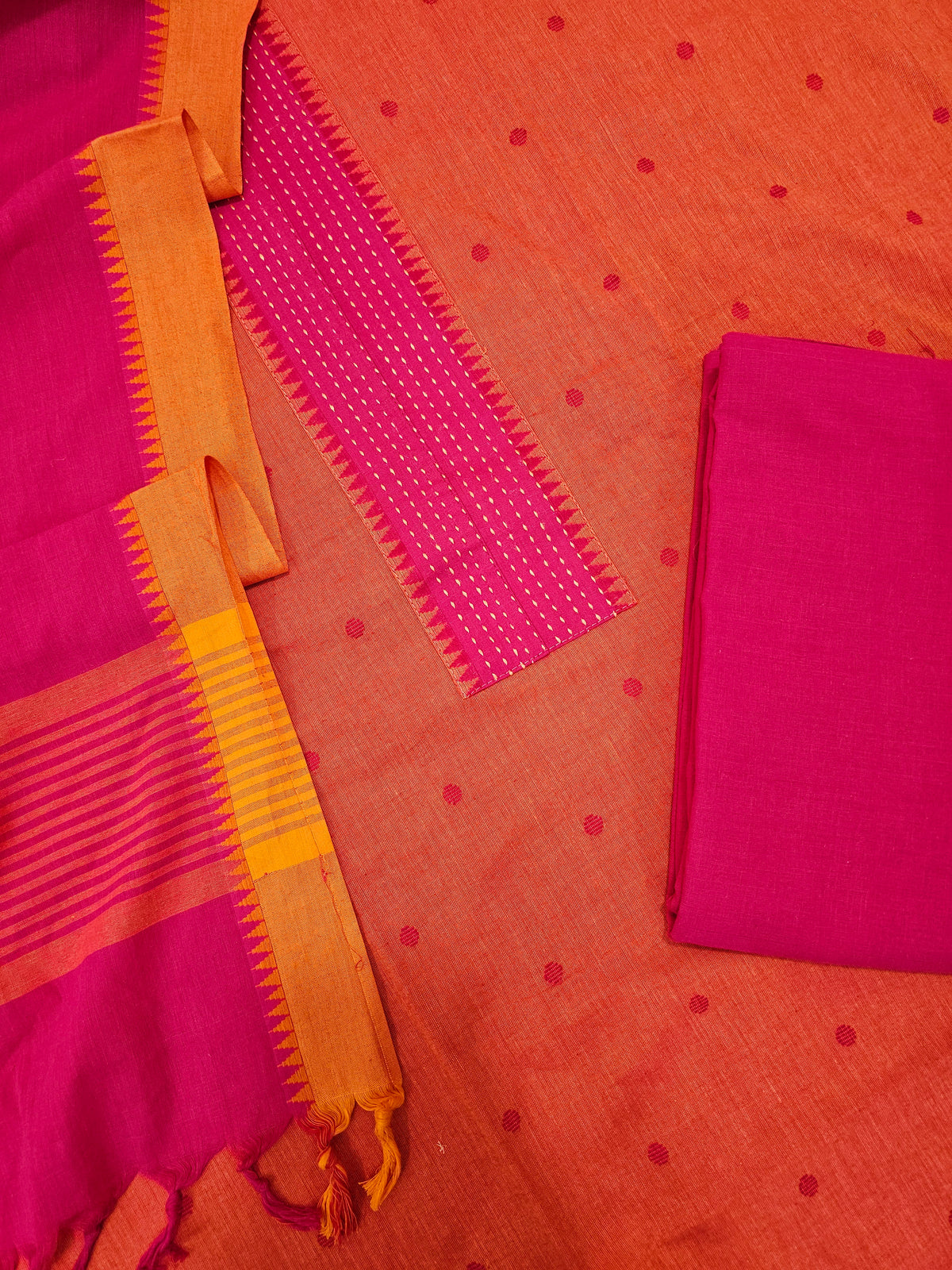 Cotton Unstitched Salwar - Orange with Pink