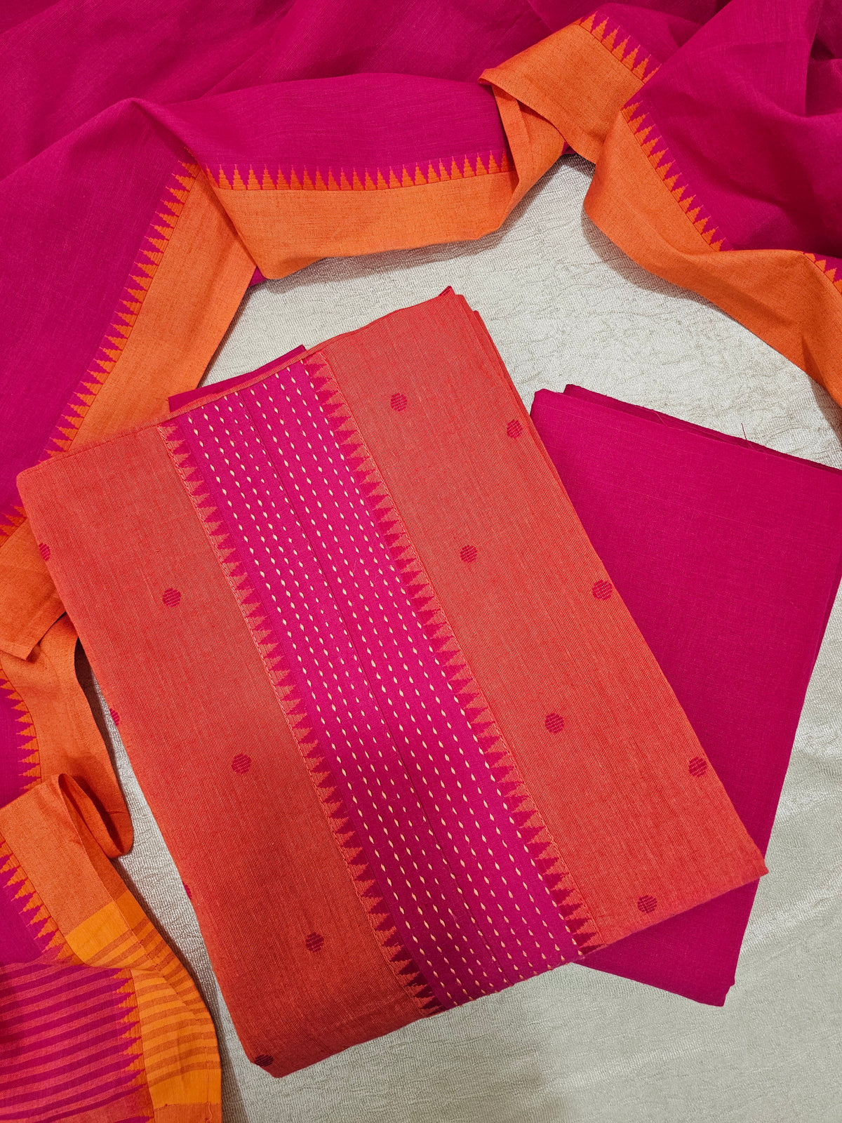 Cotton Unstitched Salwar - Orange with Pink