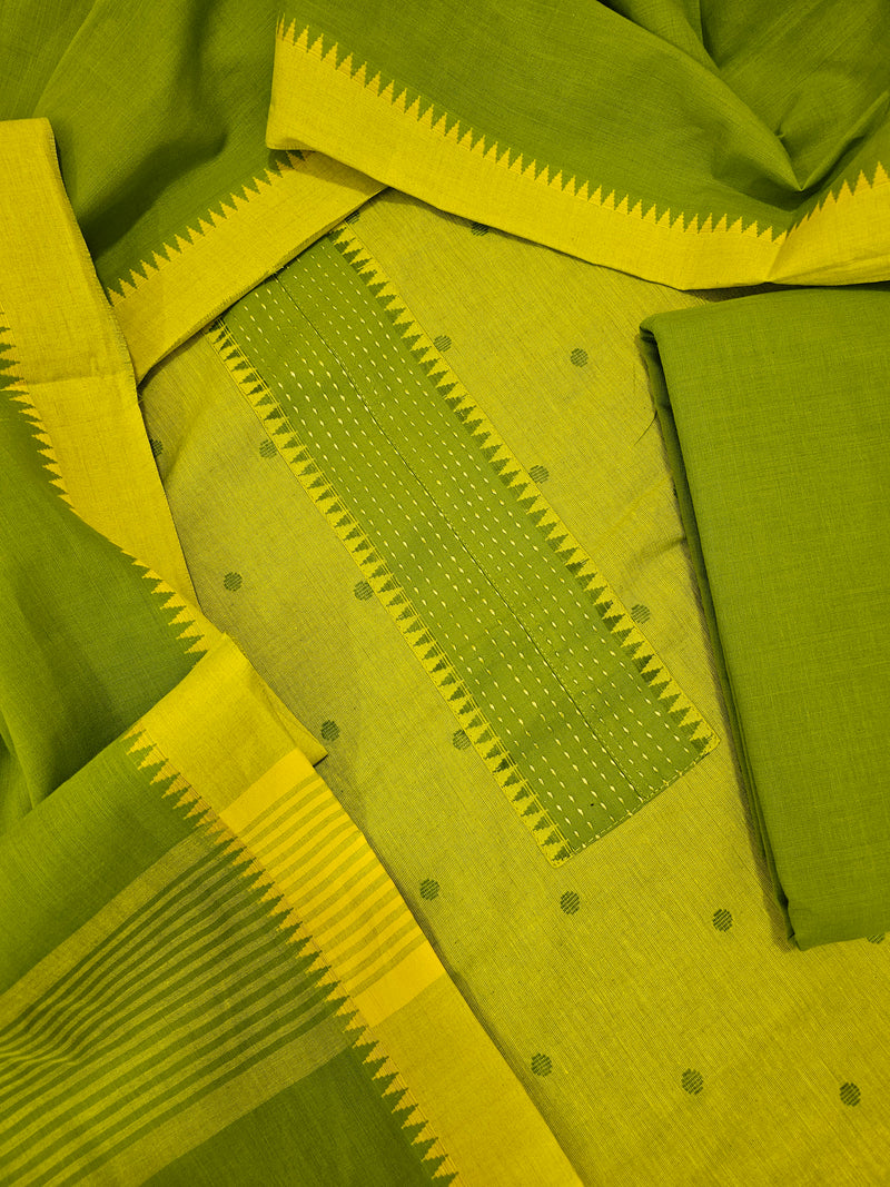 Cotton Unstitched Salwar - Green with Yellow