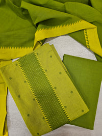 Cotton Unstitched Salwar - Green with Yellow