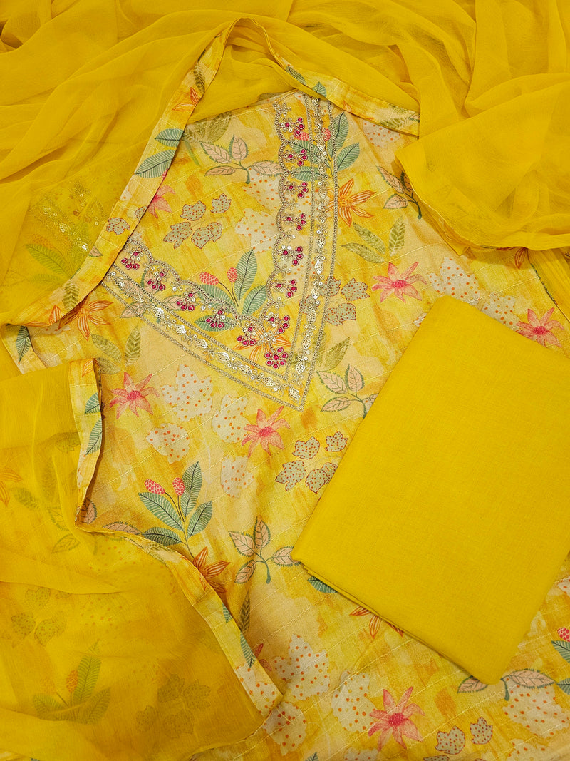 Semi Tussar Unstitched Salwar Suit - Yellow
