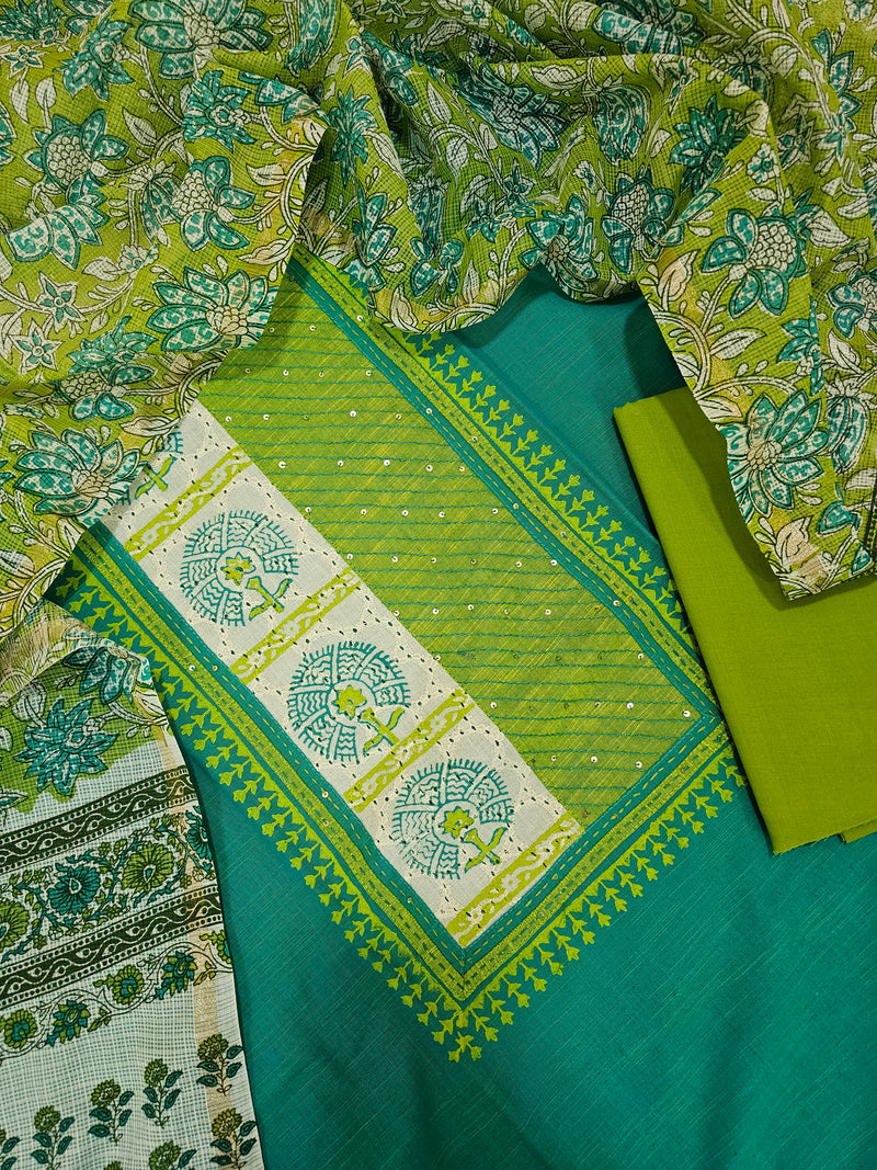 Semi Raw Silk Salwar Suit - Sea Green