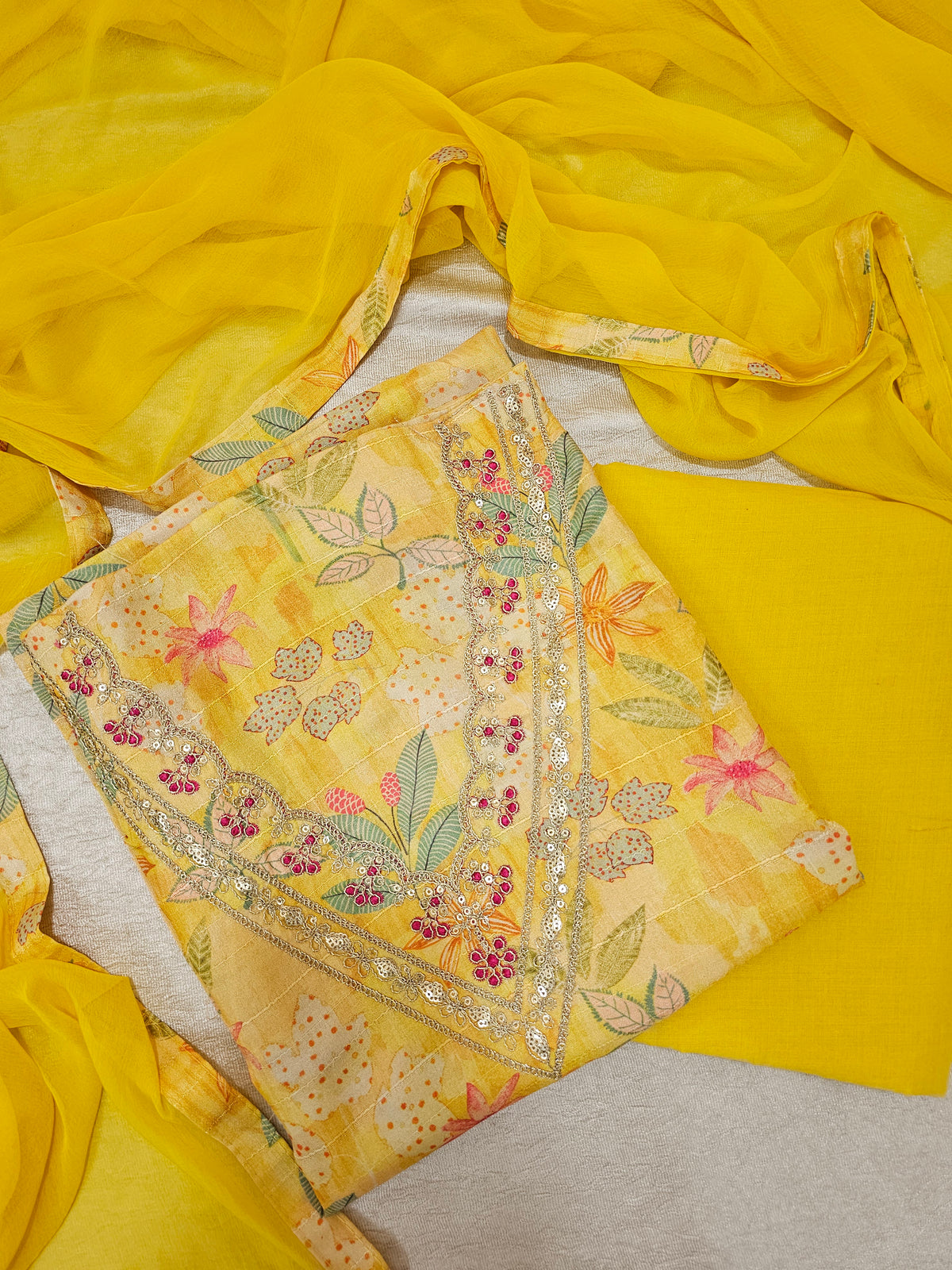 Semi Tussar Unstitched Salwar Suit - Yellow