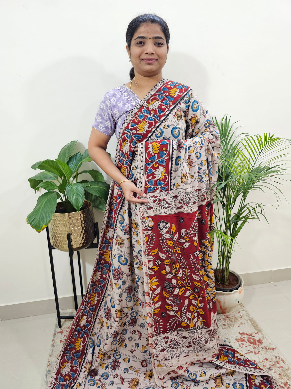 Cotton Kalamkari Saree - Cream with Red
