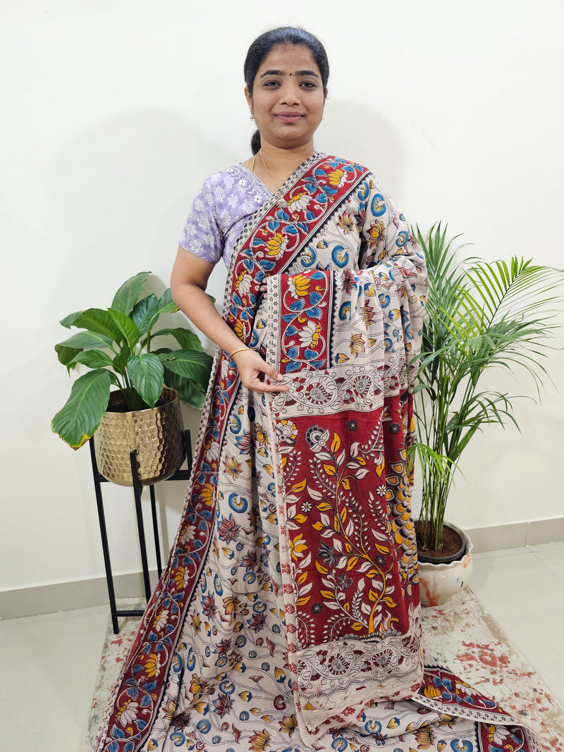 Cotton Kalamkari Saree - Cream with Red
