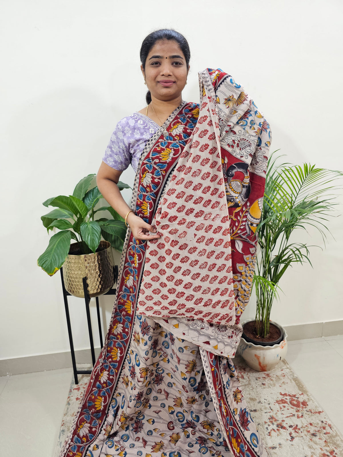 Cotton Kalamkari Saree - Cream with Red