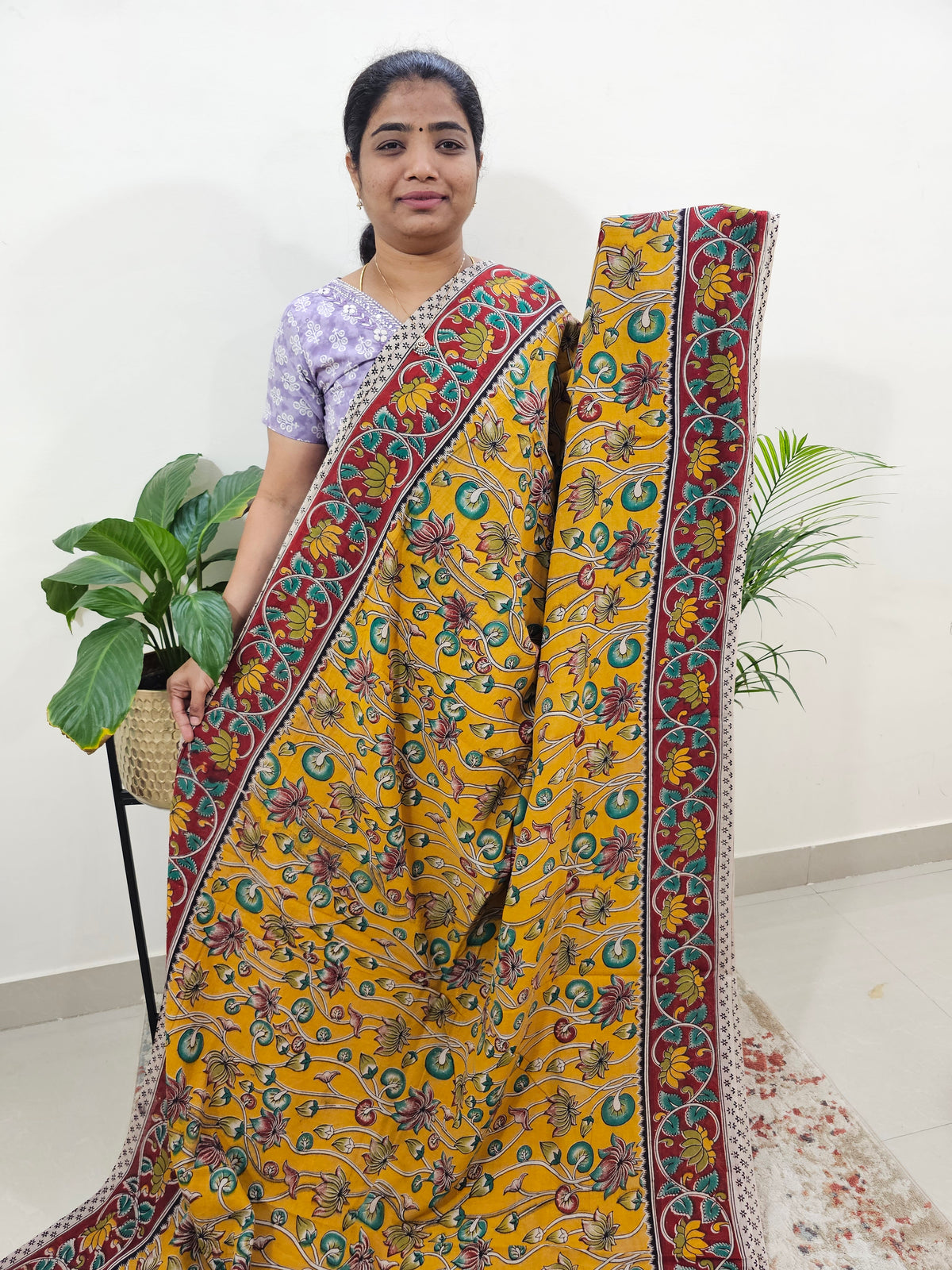 Cotton Kalamkari Saree - Yellow with Red