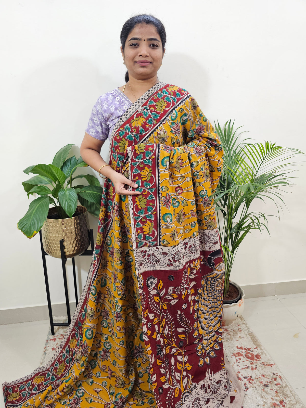 Cotton Kalamkari Saree - Yellow with Red