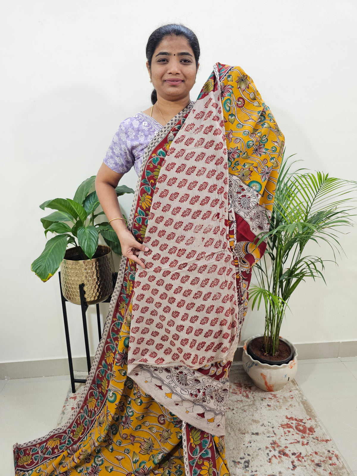 Cotton Kalamkari Saree - Yellow with Red