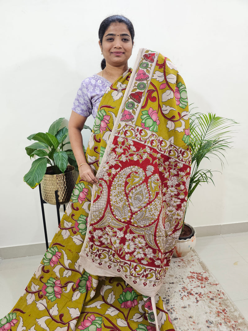 Cotton Kalamkari Saree - Mehndi Green with Red