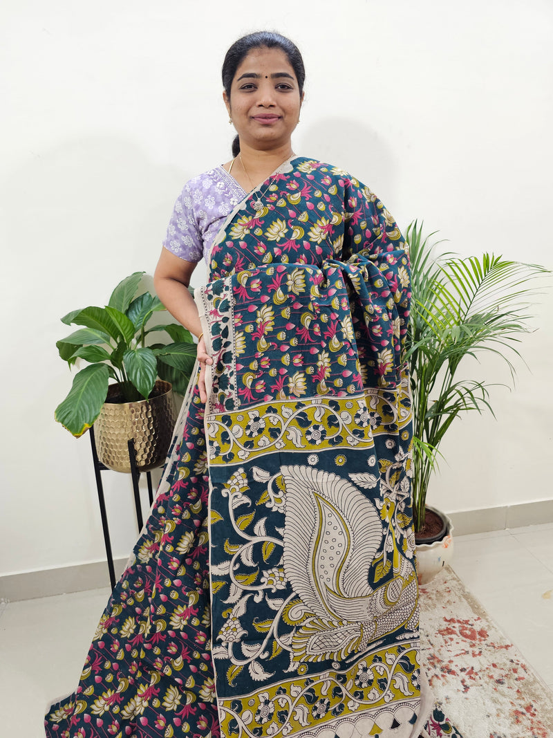 Cotton Kalamkari Saree - Peacock Green