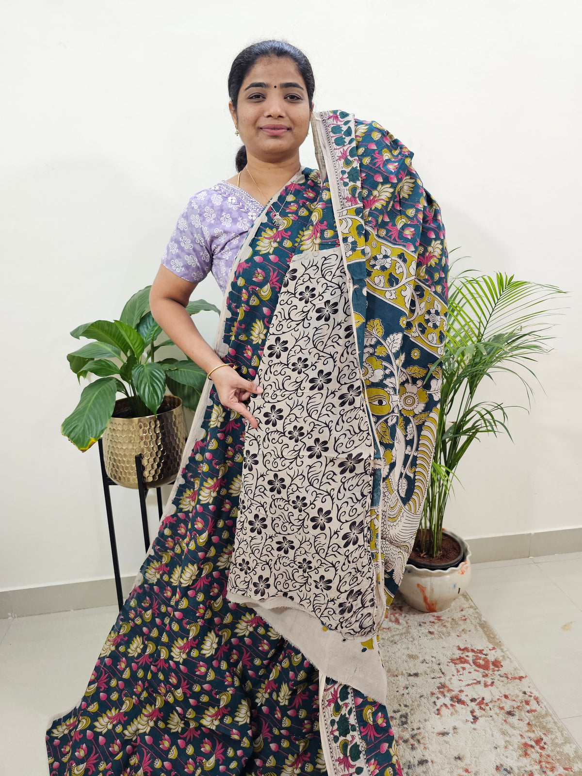 Cotton Kalamkari Saree - Peacock Green