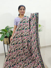 Cotton Kalamkari Saree - Cream with Peacock Green