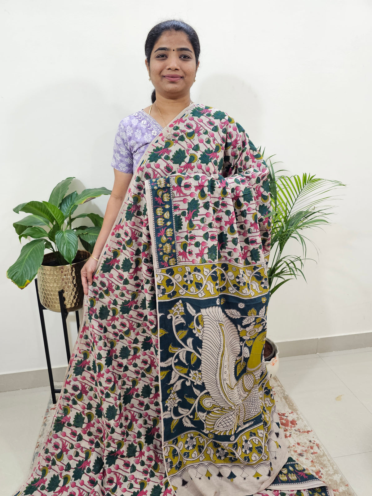 Cotton Kalamkari Saree - Cream with Peacock Green