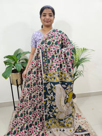 Cotton Kalamkari Saree - Cream with Peacock Green