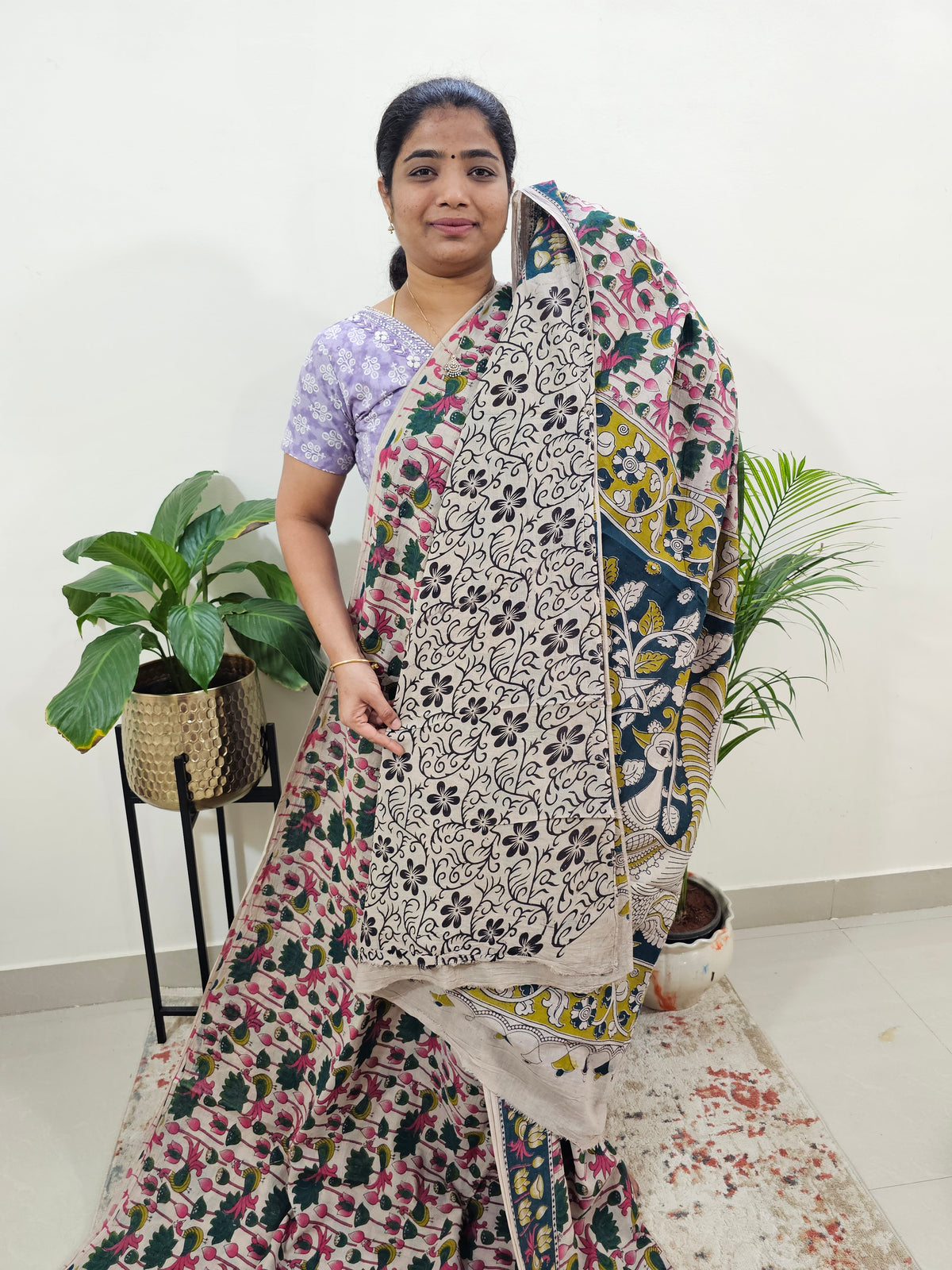 Cotton Kalamkari Saree - Cream with Peacock Green