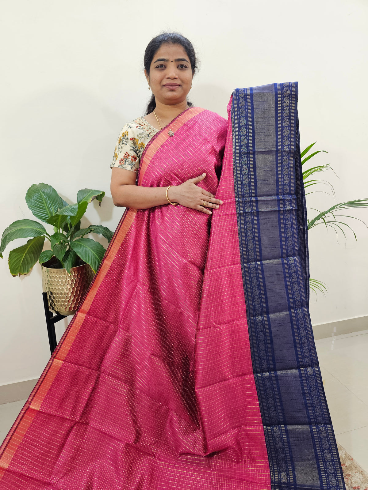 Semi Raw Silk Saree - Pink with Navy Blue